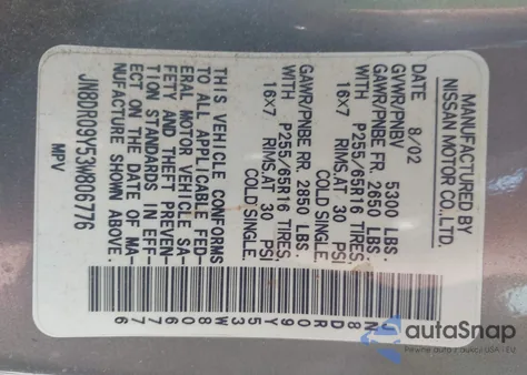 2003 Nissan Pathfinder Se z USA, uszkodzony, nr VIN JN8DR09Y53W806776